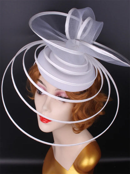 Elegant formal chapeau for women, crafted with high-quality polyester, designed as a big fascinator hat with a fashionable mesh headpiece, suitable for all seasons.