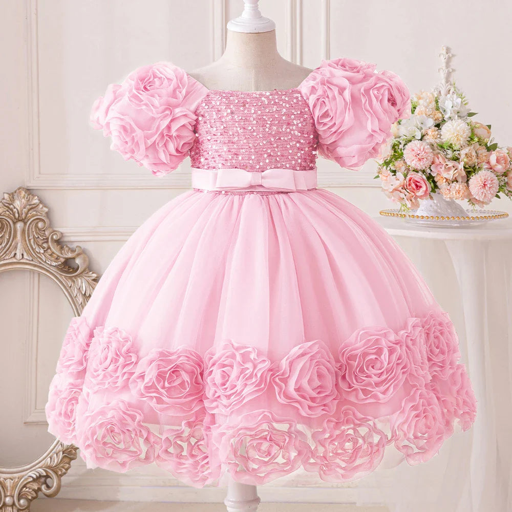 Luxurious 3D floral girls' party princess dress in knee-length tulle, perfect for ages 4-10, ideal for birthdays and weddings.