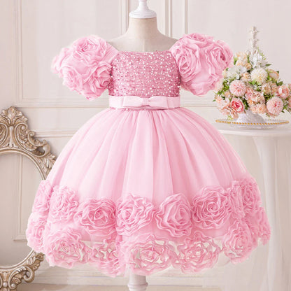 Luxurious 3D floral girls' party princess dress in knee-length tulle, perfect for ages 4-10, ideal for birthdays and weddings.
