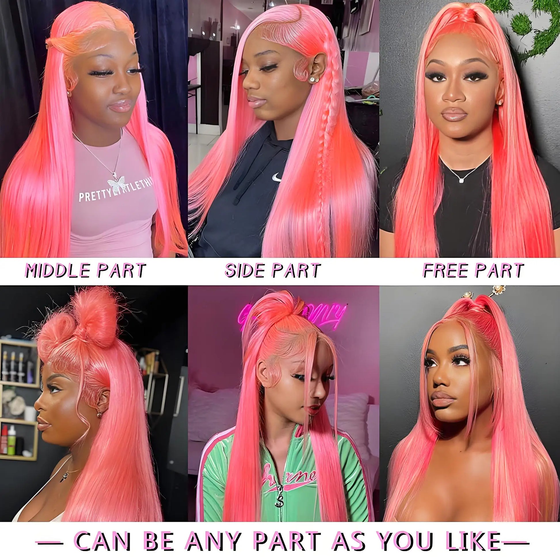 High-density 250% pink lace front wig with light brown lace, ideal for fashionable styling and customisable lengths from 18 to 40 inches.