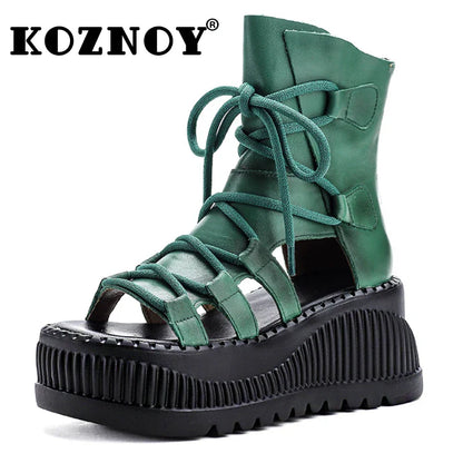 Luxurious Koznoy 8cm Ethnic Cow Leather Hollow Peep Toe Wedge Ankle Booties for Women, featuring breathable genuine leather upper and stylish zipper closure for summer elegance.
