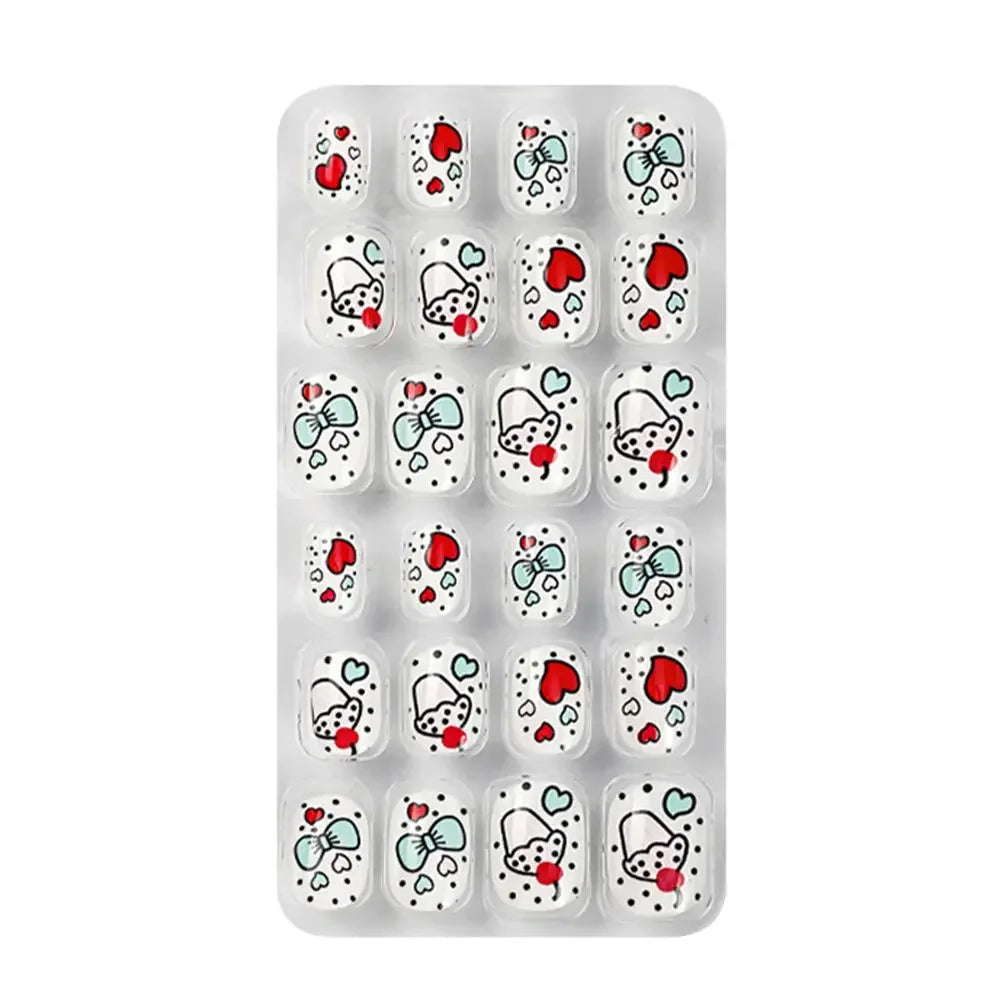 Elegant 24-piece set of kids acrylic press-on false nails featuring cute candy flower designs, perfect for girls' nail decoration gifts.