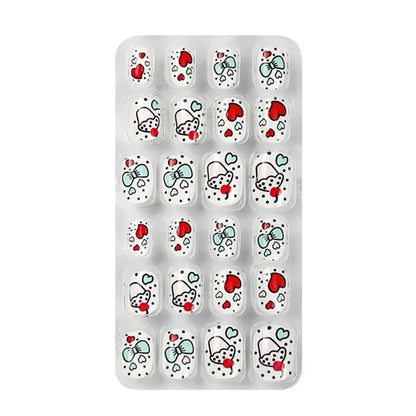 Elegant 24-piece set of kids acrylic press-on false nails featuring cute candy flower designs, perfect for girls' nail decoration gifts.