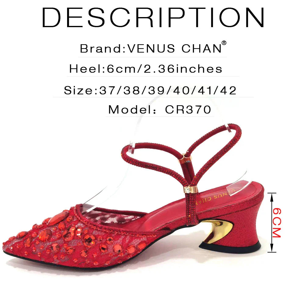 Stylish Venus Chan high heels with bling accents crafted for women, complemented by a chic black bag set, ideal for glamorous occasions.