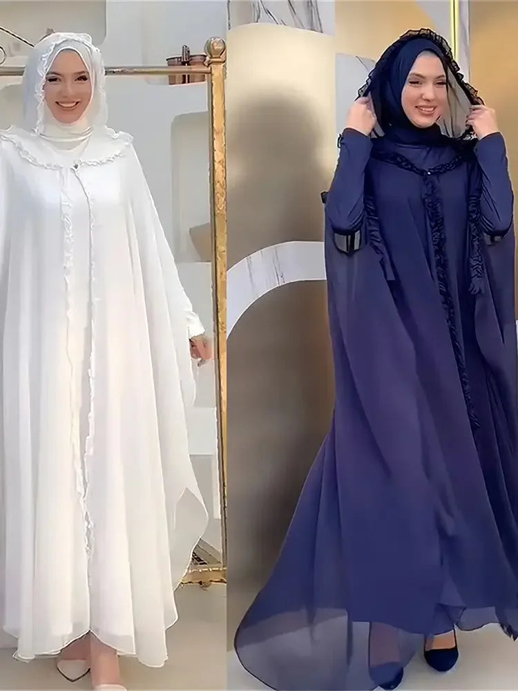 Elegant Luxury Chiffon 2 Piece Khimar Abaya Set for Women featuring sophisticated patch design.