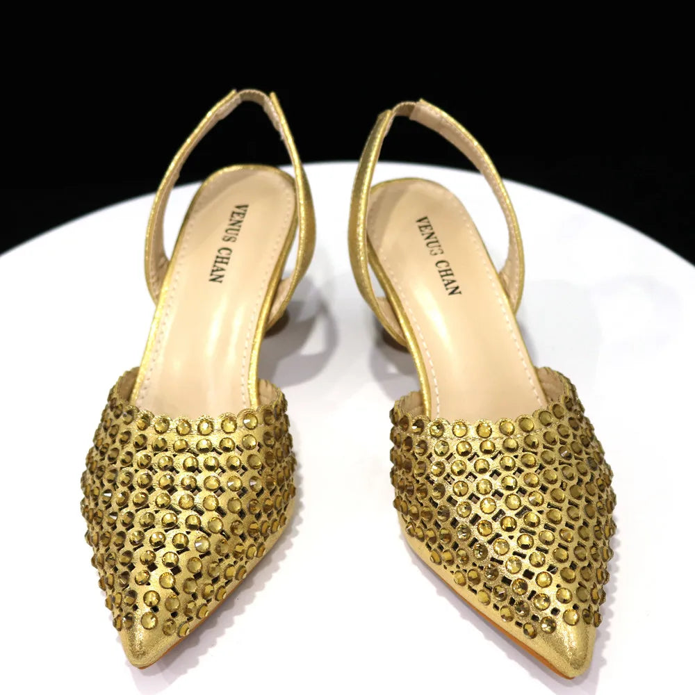 Luxury Green Diamond Pointed Toe High Heels and Handbag Set for Women, Exuding Sophistication and Style.