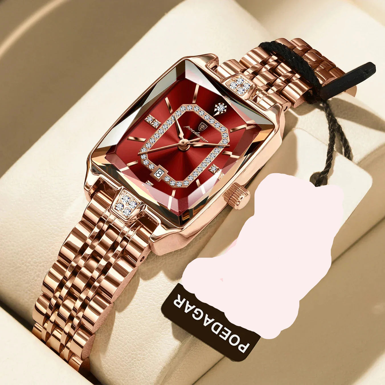 Luxury waterproof ladies watch featuring a stylish stainless steel band and elegant rectangular case design, showcasing exquisite craftsmanship.