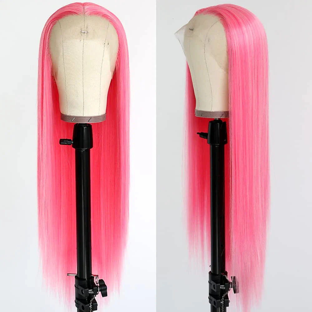 Long pink lace wig displayed elegantly, demonstrating its straight texture and adjustable cap suitable for a comfortable fit.