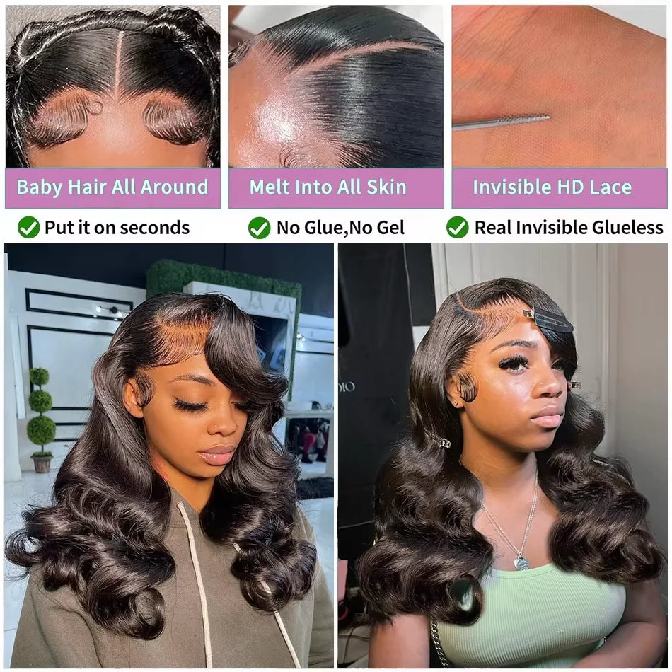 Close-up of a stunning short bob wig showcasing the soft body wave texture, made from premium Remy Brazilian hair with a transparent lace front.