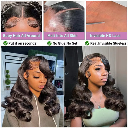 Close-up of a stunning short bob wig showcasing the soft body wave texture, made from premium Remy Brazilian hair with a transparent lace front.