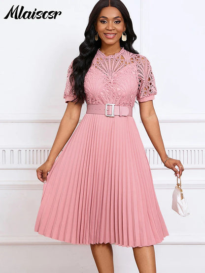 Dramatic view of Mlaiscsr Luxury Pleated Dress in a flattering mid-calf length, showcasing its refined fabric and elegant design.