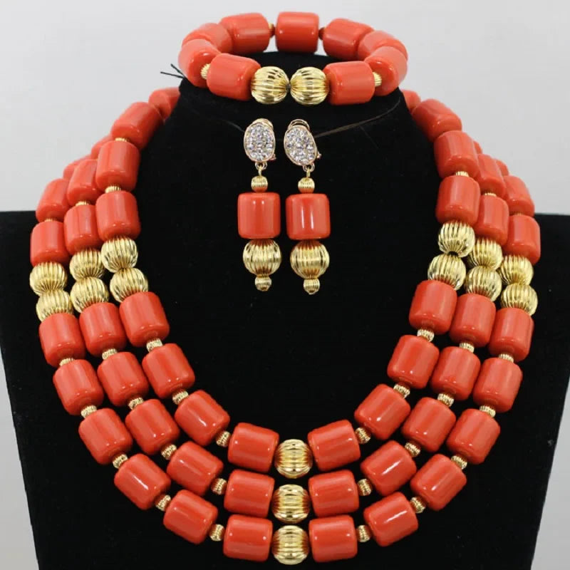 Close-up view of the intricate details in the African beads jewelry set, highlighting the stunning artificial coral and copper alloy materials for a classic finish.