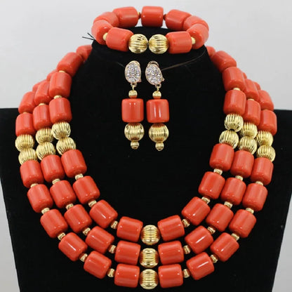 Close-up view of the intricate details in the African beads jewelry set, highlighting the stunning artificial coral and copper alloy materials for a classic finish.