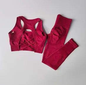 Elegant women's fitness set featuring a shockproof sports bra and high-waisted leggings, designed for comfort and style. Perfect for yoga enthusiasts.