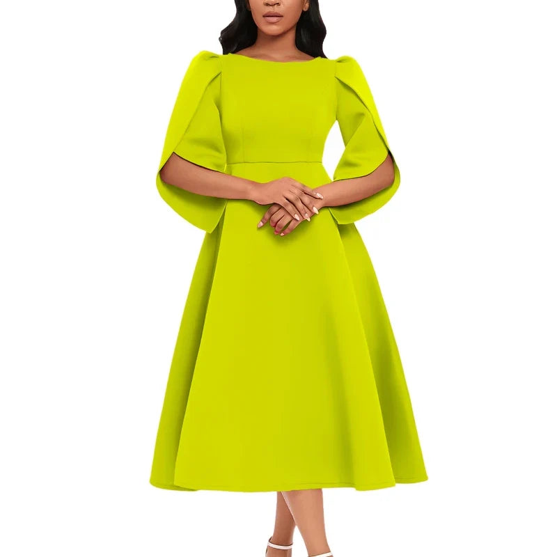 Elegant Women's Summer A-Line Evening Dress in a luxurious profile, featuring a round neck and exquisite three-quarter petal sleeves, perfect for sophisticated occasions.