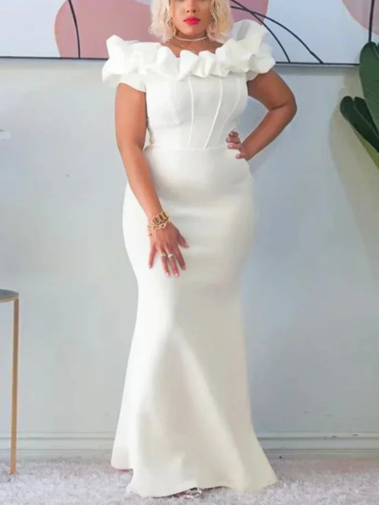 Elegant off-shoulder mermaid evening dress showcasing a slim bodycon silhouette, floor-length design in luxurious polyester, available in sizes M-XXXL, perfect for sophisticated evening events.