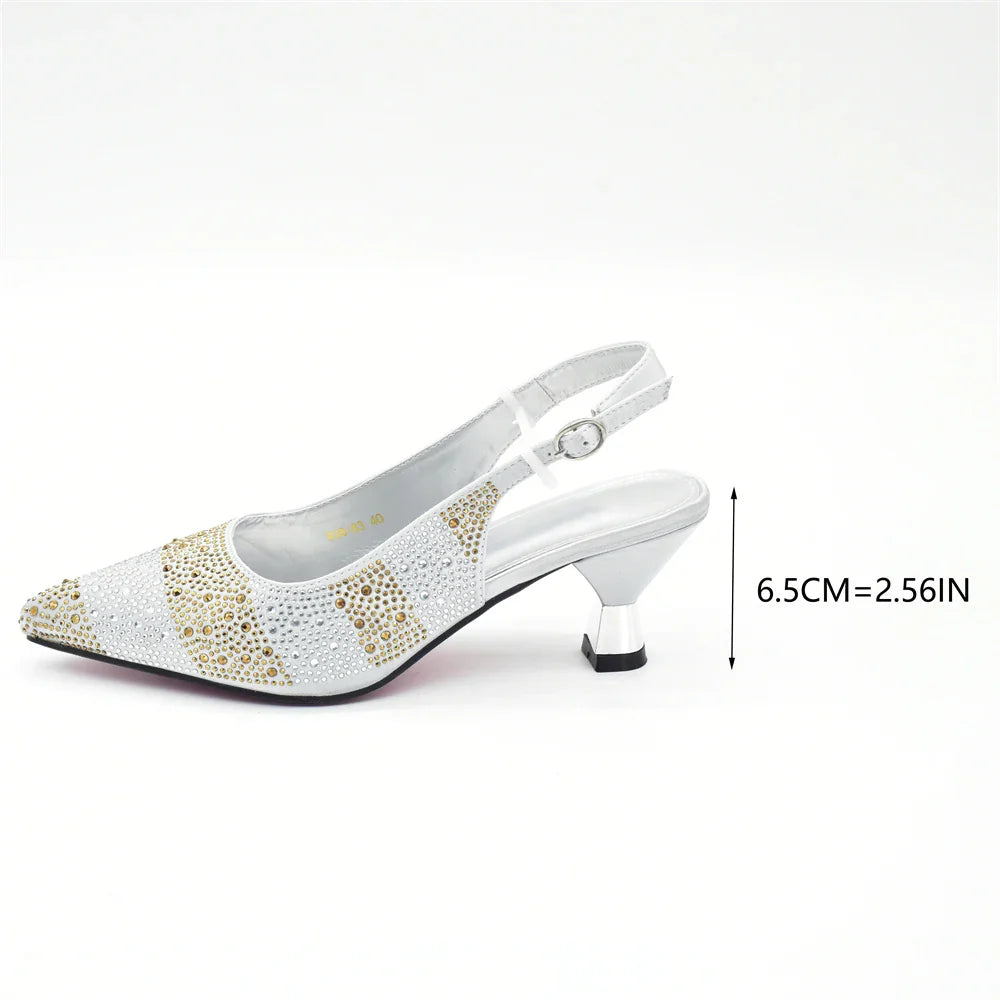 Full view of a stylish Italian designer women’s shoe and bag set, highlighting the elegant silhouette of crystal slingback pumps alongside a chic handbag.