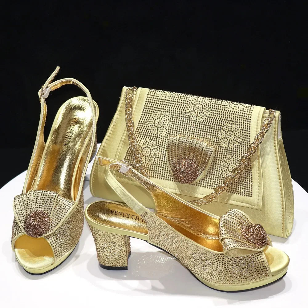 Stylish Venus Chan matching handbag in golden hue, adorned with sparkling diamonds to complement the high-heel wedding shoes.