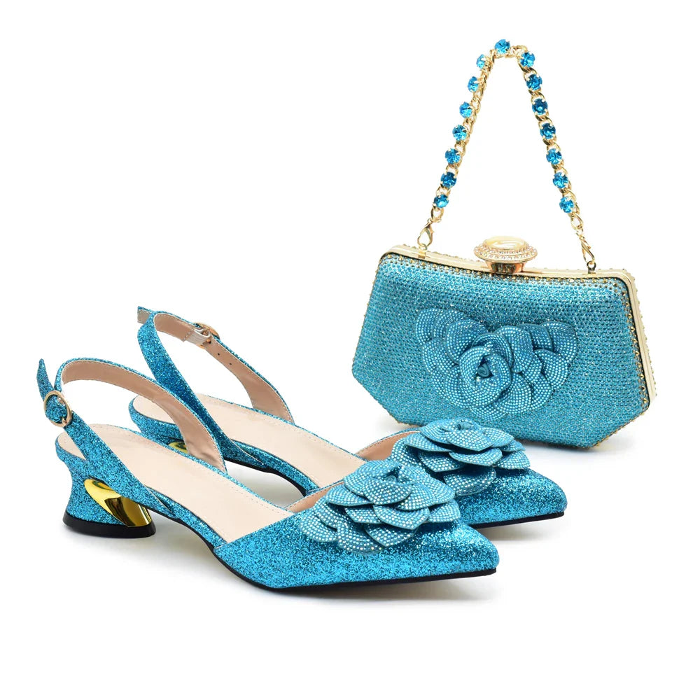 Chic red women's rhinestone shoe and bag ensemble, exuding glamour for weddings and parties in sizes 38-43.