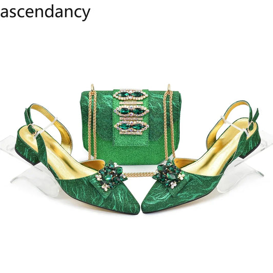 Elegant green ladies shoe and matching purse set, featuring rhinestone embellishments and a stylish low heel design, perfect for weddings and parties.