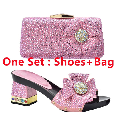 Elegant women's Italian high heel slingbacks and matching bags set featuring crystal accents, available in sizes 37-43, perfect for upscale parties and weddings.