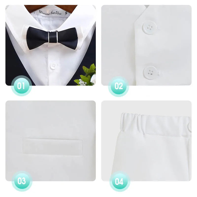 Elegant green and white boys baptism suit with vest, shirt, shorts, and matching bowtie, ideal for formal occasions, sizes 7-13Y.
