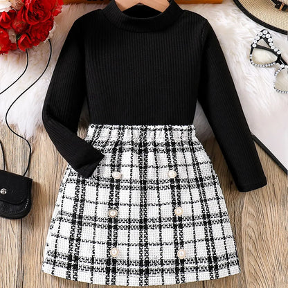 Elegant girls' knitted top and plaid skirt set, showcasing a fashionable autumn ensemble for children aged 4-6Y, ideal for stylish casual wear.