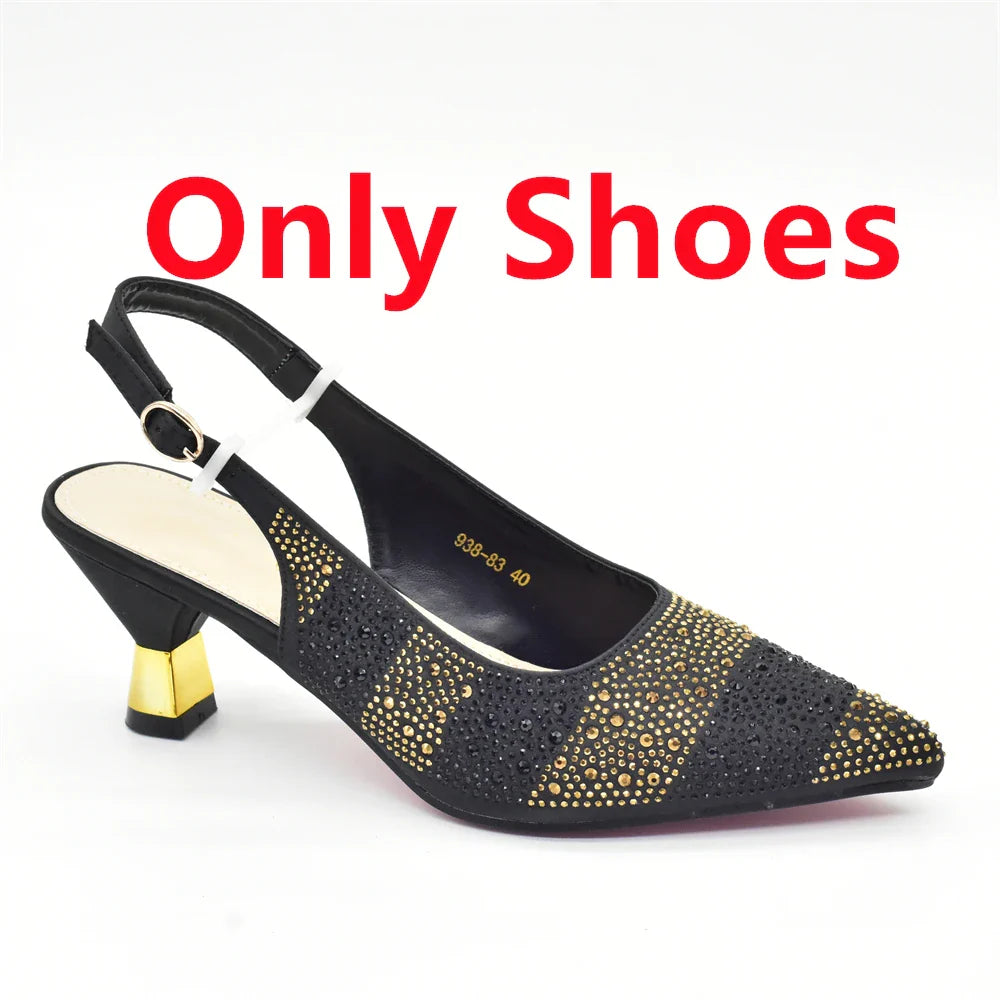 Sophisticated women's designer shoe and bag collection, highlighting high-heeled pumps and a matching handbag.