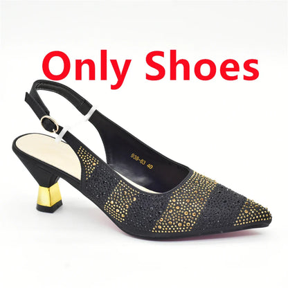 Sophisticated women's designer shoe and bag collection, highlighting high-heeled pumps and a matching handbag.