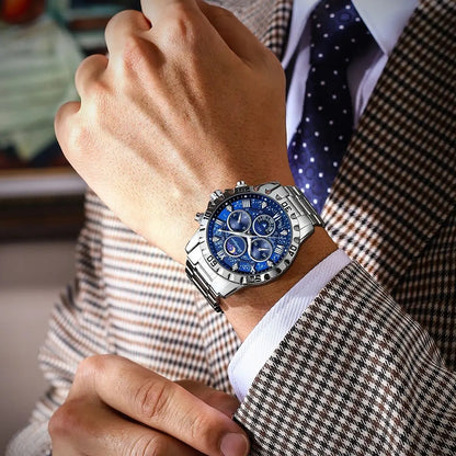 Stylish round dial of the luxury waterproof men's sports watch featuring luminous hands, designed for multiple time zones and outdoor activities.