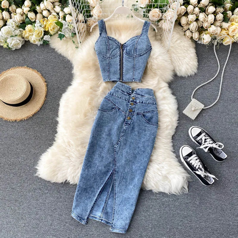 Chic 2-piece denim set by CM.YAYA, showcasing a sleeveless crop top paired with a sophisticated ankle-length skirt, perfect for summer outings.