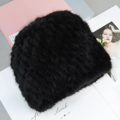 Elegant Women's Luxury Natural Mink Faux Fur Beanie in stylish beige, perfect for adding a touch of warmth and sophistication to your winter wardrobe.