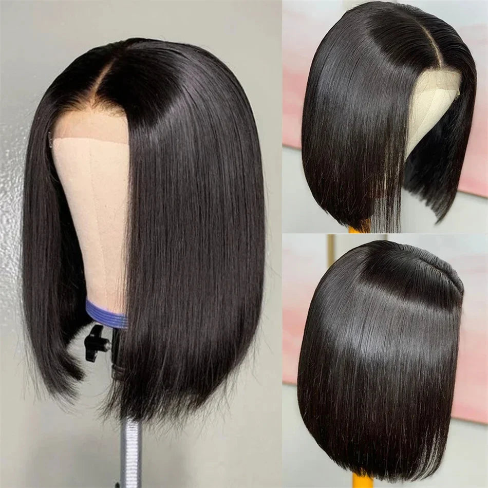 Luxurious short bob lace frontal wig made from 200% density Brazilian remy human hair, featuring a straight texture and preplucked style in an elegant mid-length.