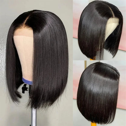 Luxurious short bob lace frontal wig made from 200% density Brazilian remy human hair, featuring a straight texture and preplucked style in an elegant mid-length.