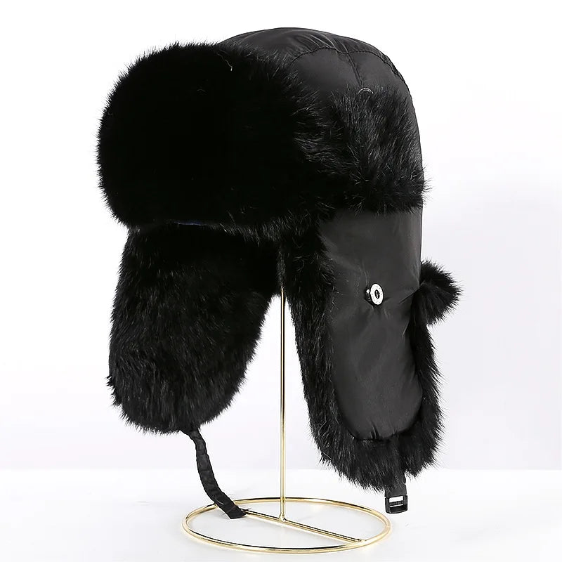 Stylish faux fur bomber hat, showcasing a fashionable design while providing exceptional warmth and comfort.