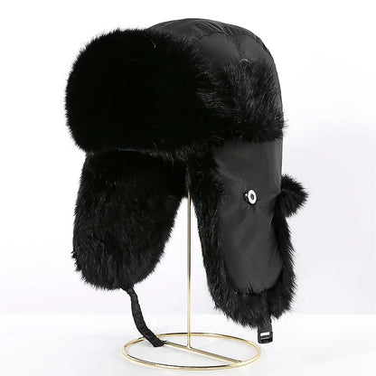 Stylish faux fur bomber hat, showcasing a fashionable design while providing exceptional warmth and comfort.