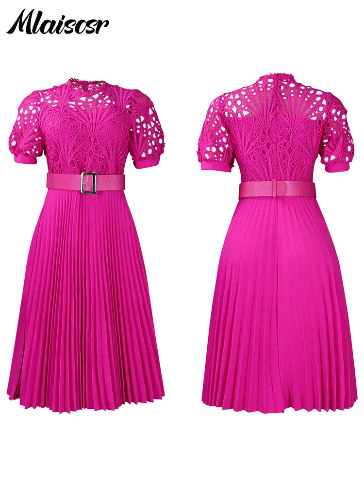Mlaiscsr Luxury Pleated Dress for Women in elegant lace with short sleeves and belt, perfect for weddings and parties, showcasing a refined style.