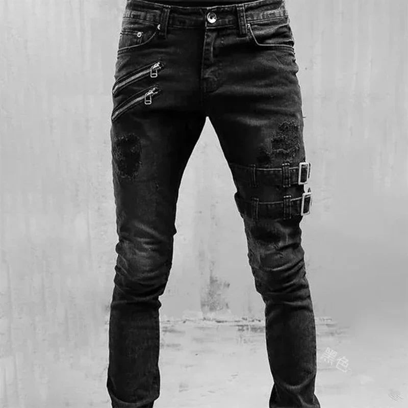 Elegant detail of ripped denim on a pair of premium men's skinny jeans, perfect for creating a stylish casual look, designed for timeless appeal.