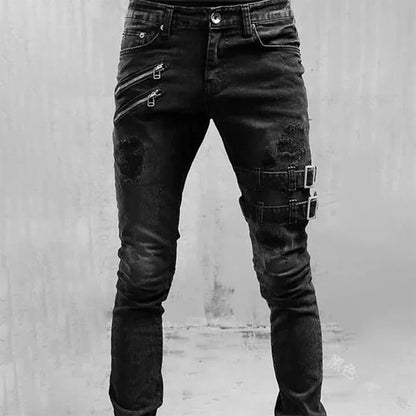 Elegant detail of ripped denim on a pair of premium men's skinny jeans, perfect for creating a stylish casual look, designed for timeless appeal.