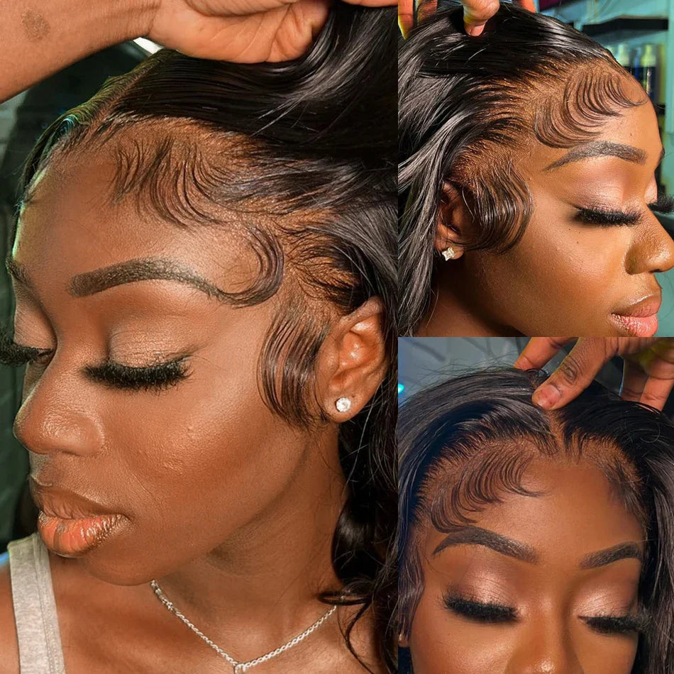 Luxury 180D Body Wave Lace Front Wig in Brazilian human hair - 18-24 inches with transparent lace T part, perfect for glamorous styling.