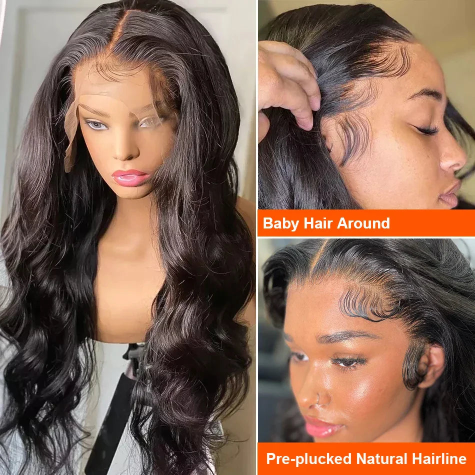 Elegant Luxury Body Wave Lace Wig with transparent lace, perfect for a seamless and comfortable fit, emphasizing premium quality and style.