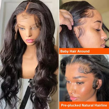 Elegant Luxury Body Wave Lace Wig with transparent lace, perfect for a seamless and comfortable fit, emphasizing premium quality and style.
