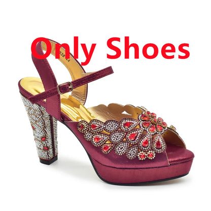 Sophisticated summer peep-toe pumps with a round heel and intricate rhinestone decoration, complete with a chic matching bag for a glamorous look.