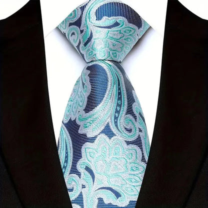 Elegant 8CM classic men's necktie featuring a sophisticated green and blue plaid design with floral accents, made from premium jacquard woven polyester, available in 41 exquisite colour options.