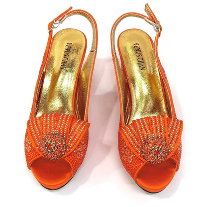 Stylish Venus Chan women's golden wedding shoes with peep toe design, featuring striking high heels and luxurious diamond embellishments.