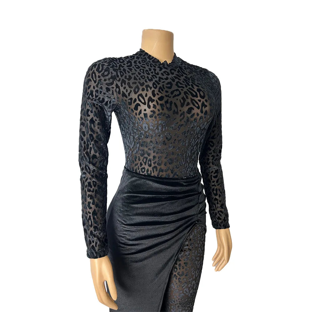 Elegant CM.YAYA Women's leopard velvet long sleeve jumpsuit in a luxurious spring party setting.