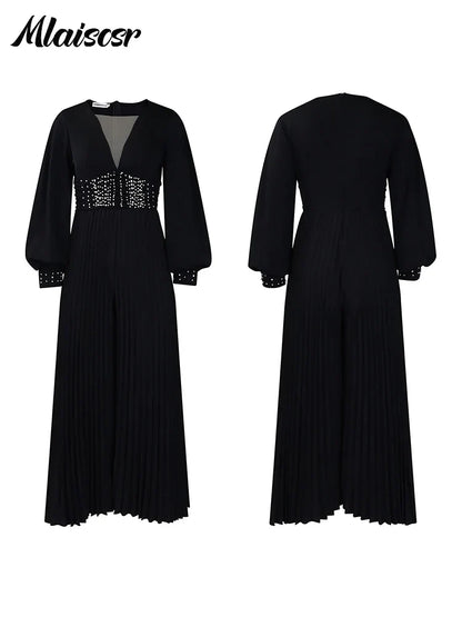 Chic full-length jumpsuit with loose fitting and embroidered flares by Mlaiscsr, designed for women who appreciate elegance in evening wear.