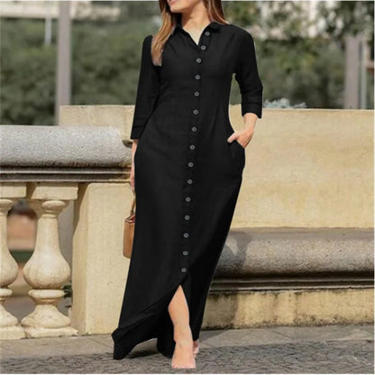 Stylish women's ankle-length cardigan dress in solid colour, showcasing a relaxed fit and premium polyester fabric for elegant autumn and winter attire.