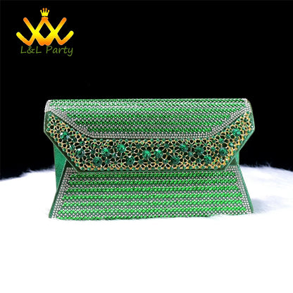 Stylish matching bag set featuring a luxurious green hue to complement the Italian women's sandals, perfect for bridal parties and formal events.