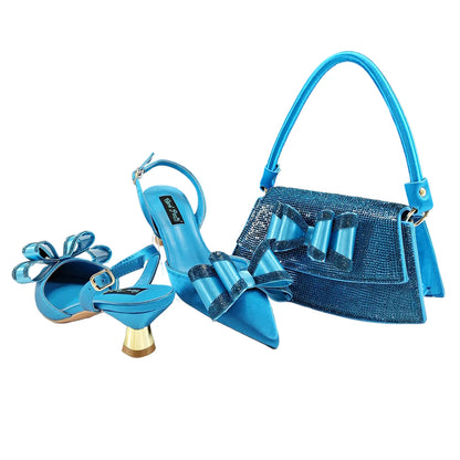 Elegant women's rhinestone butterfly pointed toe shoes and matching bag set in coffee colour, perfect for weddings and parties, available in sizes 38-43, combining luxury with stylish comfort.